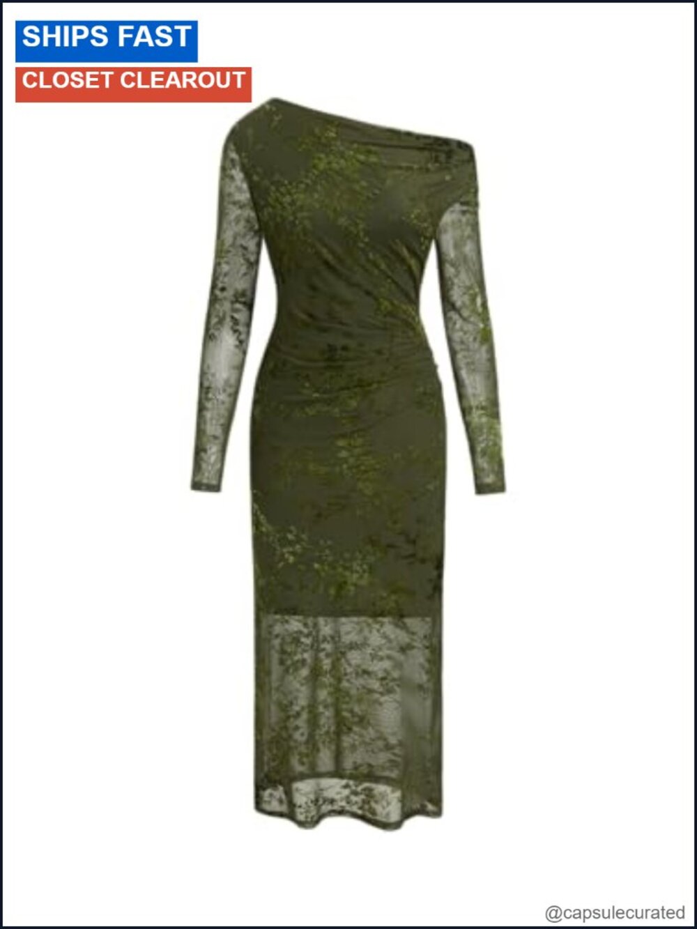 Womens Lace Mesh Maxi Dress Asymmetrical Neck Long Sleeve Ruched Bodycon